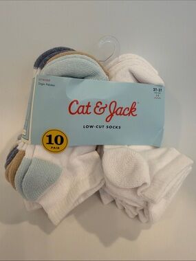 Cat & Jack Low-Cut Kids Athletic Socks — White with Blue, Tan & Gray Accents